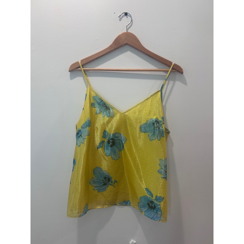 Bar III Camisole Top Womens Medium Yellow Blue Floral Metallic V-Neck Cami